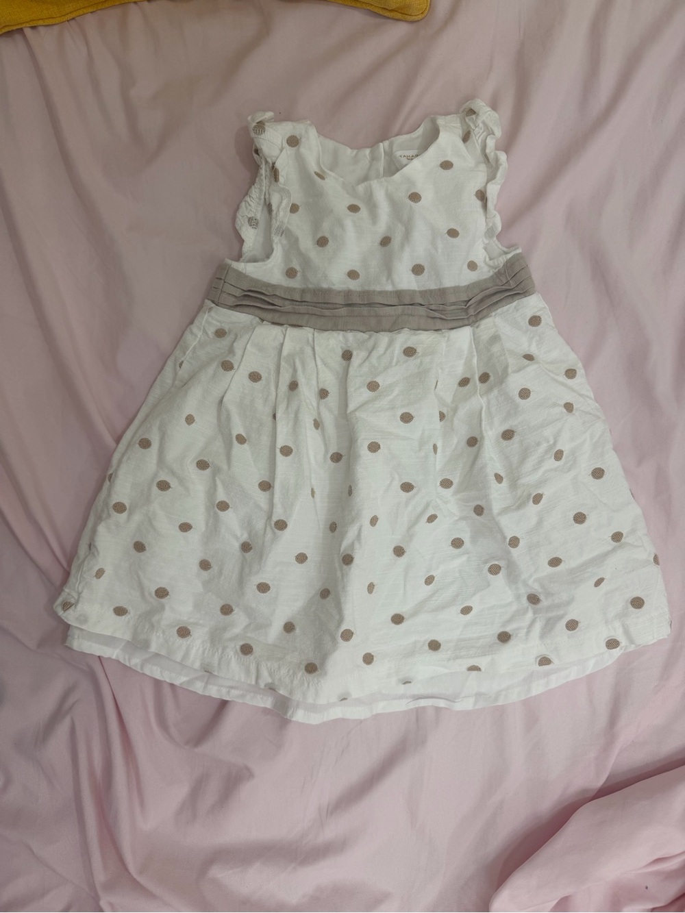 Girls White Polka Dot Sundress with Taupe Trim